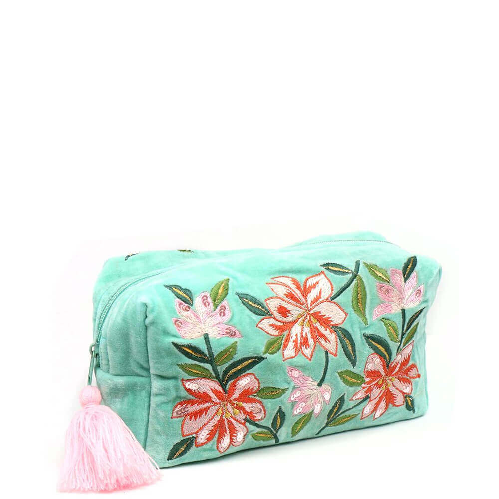 Peace of Mind Turquoise Velvet Embroidered Lily Make Up Bag